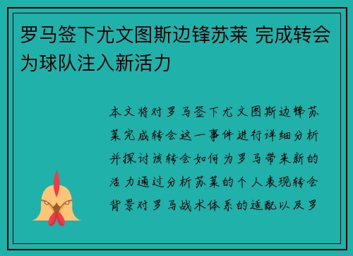 罗马签下尤文图斯边锋苏莱 完成转会为球队注入新活力